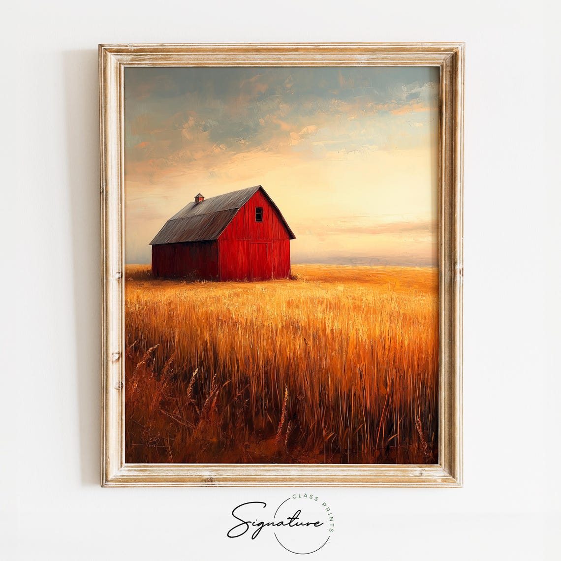 Red Barn Sunset Wheat Field Pastel Sky Evening Farm Art Poster