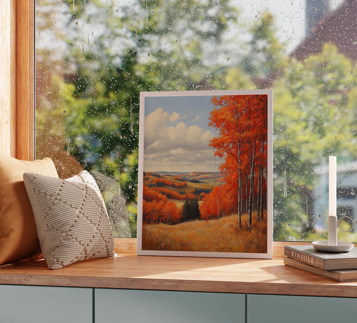 Fiery Red Trees On Rolling Golden Autumn Hills Landscape Poster - Image 2