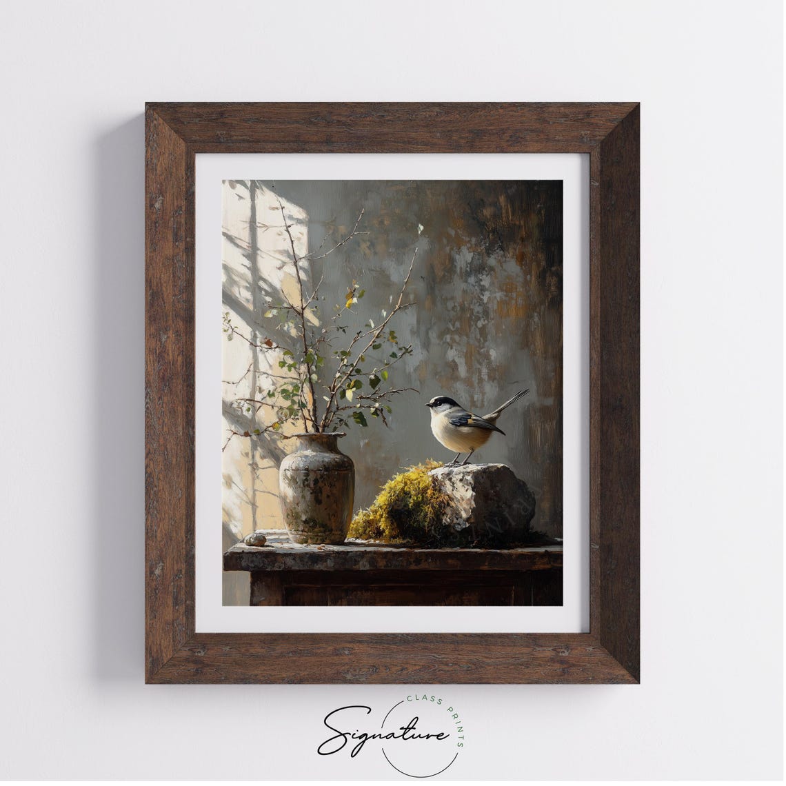 Small Winter Bird on a Mossy Rock With Rustic Vase Still Life Poster - Image 3