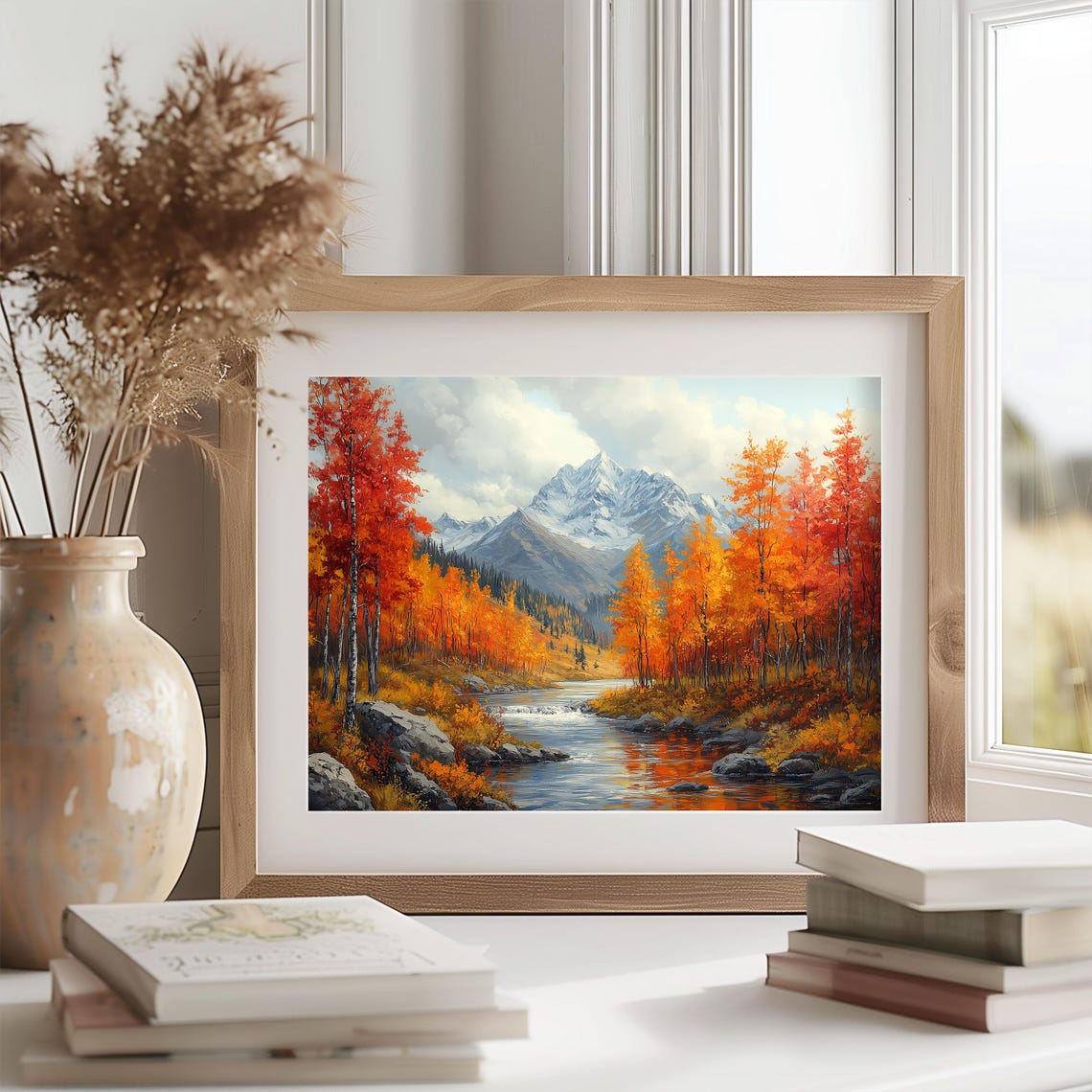 Mountain River Flowing Past Red Aspens Toward Snowy Peaks Wall Art - Image 2