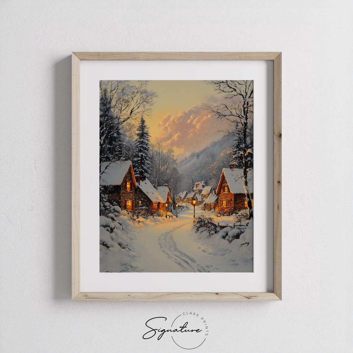 Snowy Village Square At Sunset With Warm Cabin Lights Winter Poster - Image 2