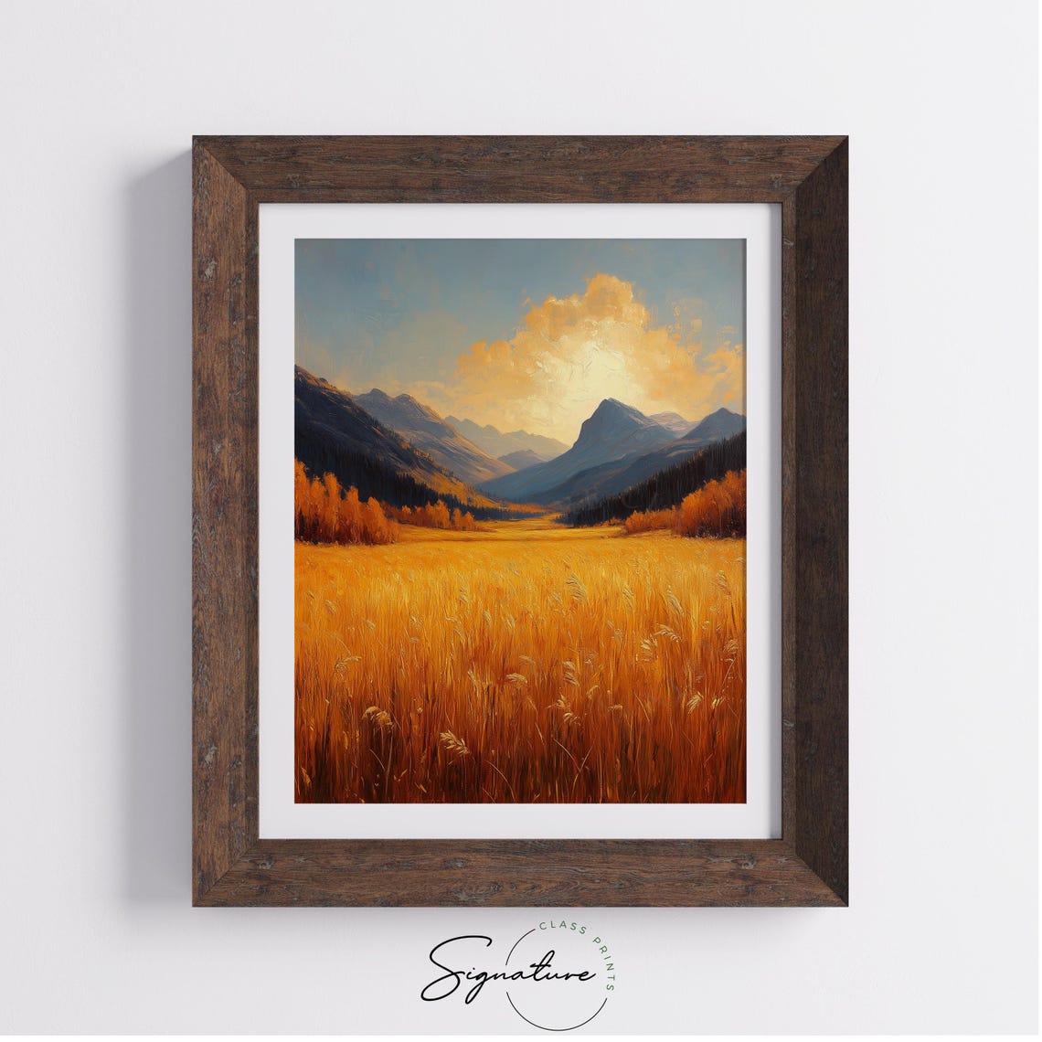 Golden Grass Meadow At Sunset Between Majestic Blue Mountains Poster - Image 4