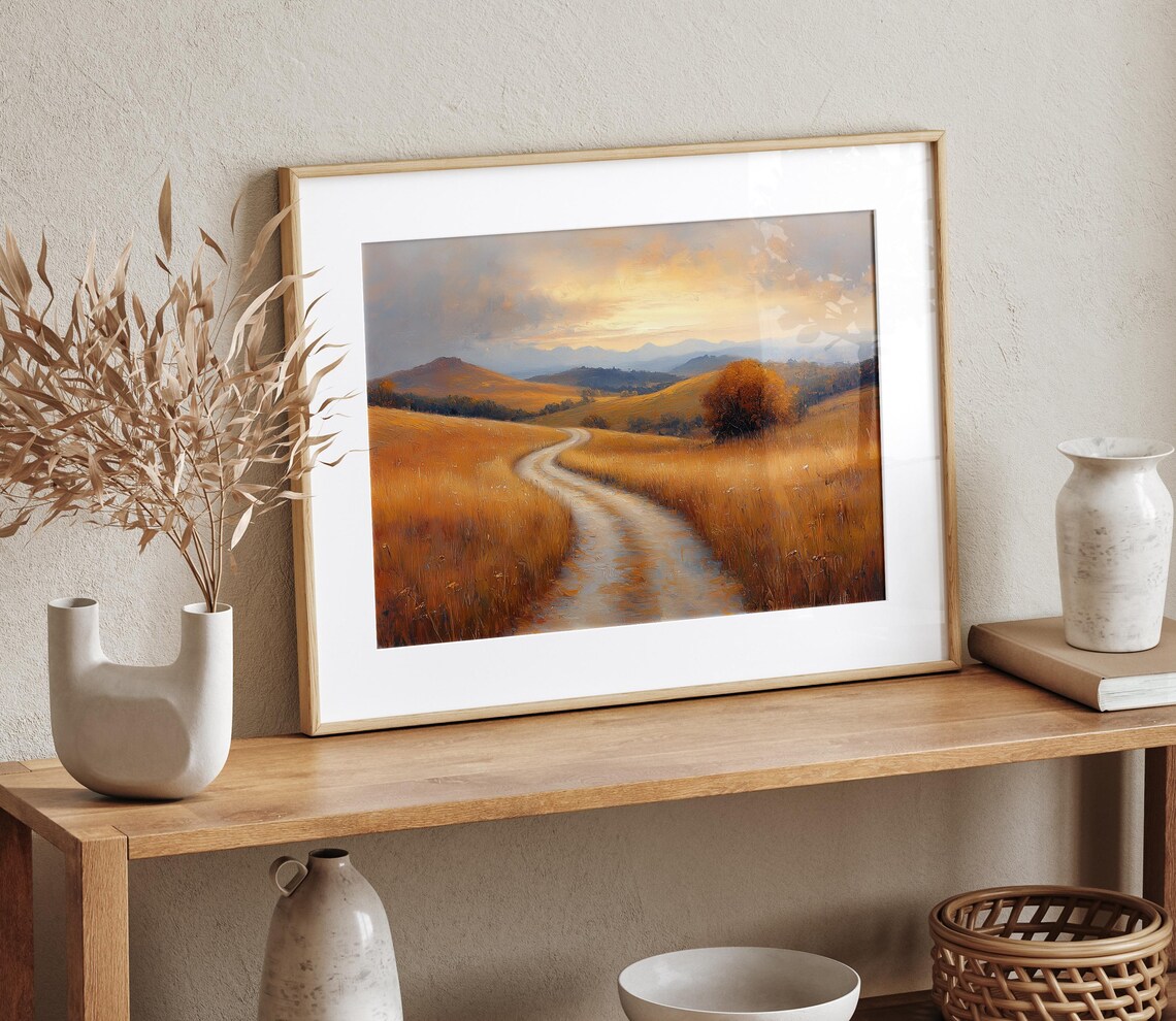 Lonely Autumn Tree On Golden Hills Road Winding To Far Mountains Poster - Image 4