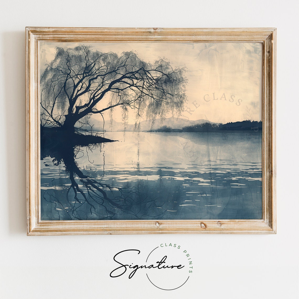 Willow Tree Over Calm Lake in Blue Grey Tones Vintage Art Poster