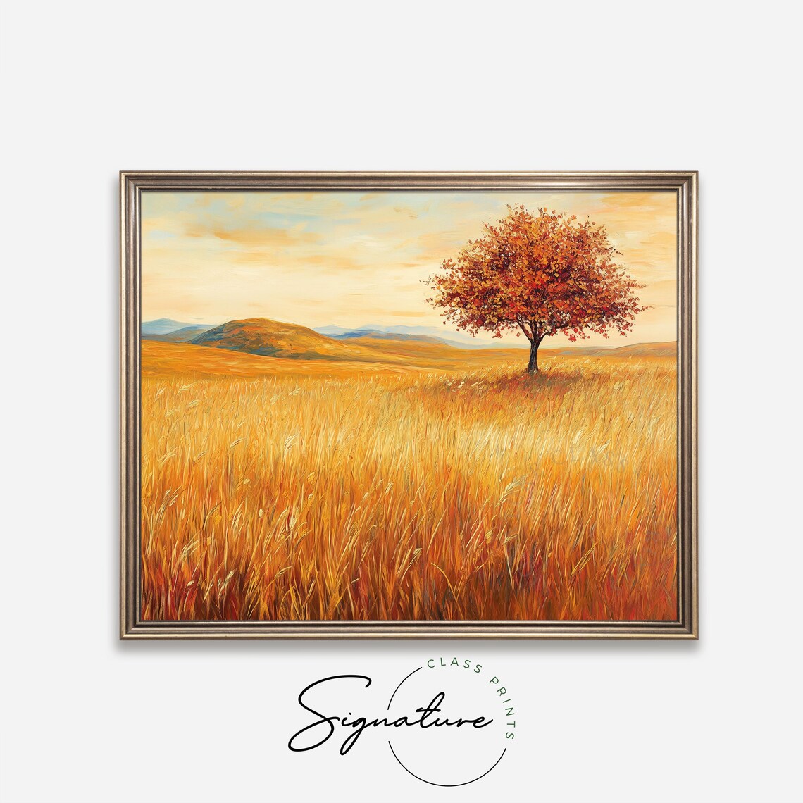 Lone Autumn Tree Standing In Golden Wheat Field Hills Poster - Image 4