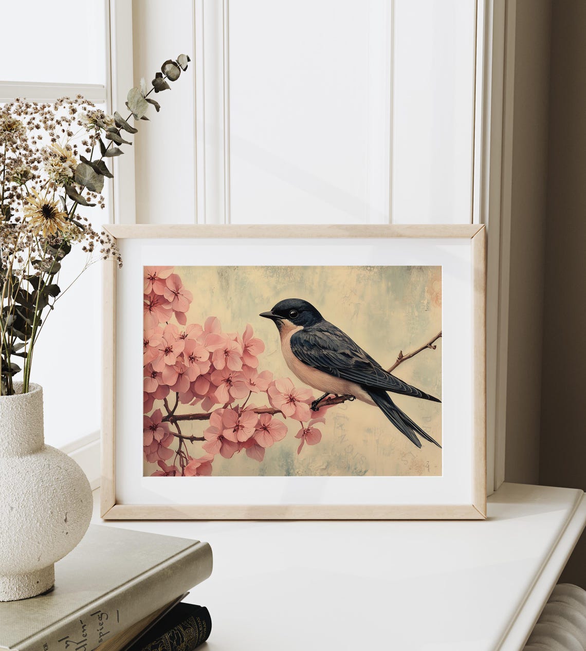 Barn Swallow Perched On Pink Cherry Blossom Branch Vintage Poster - Image 4