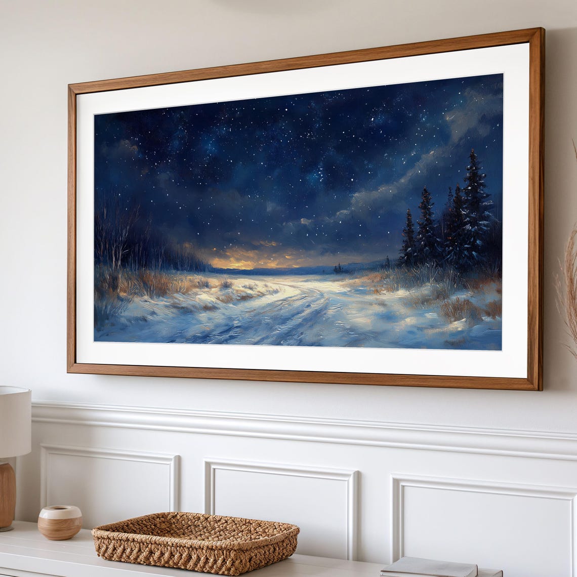 Starry Winter Night Snowy Meadow Golden Horizon Pines Moonlight Poster - Image 2