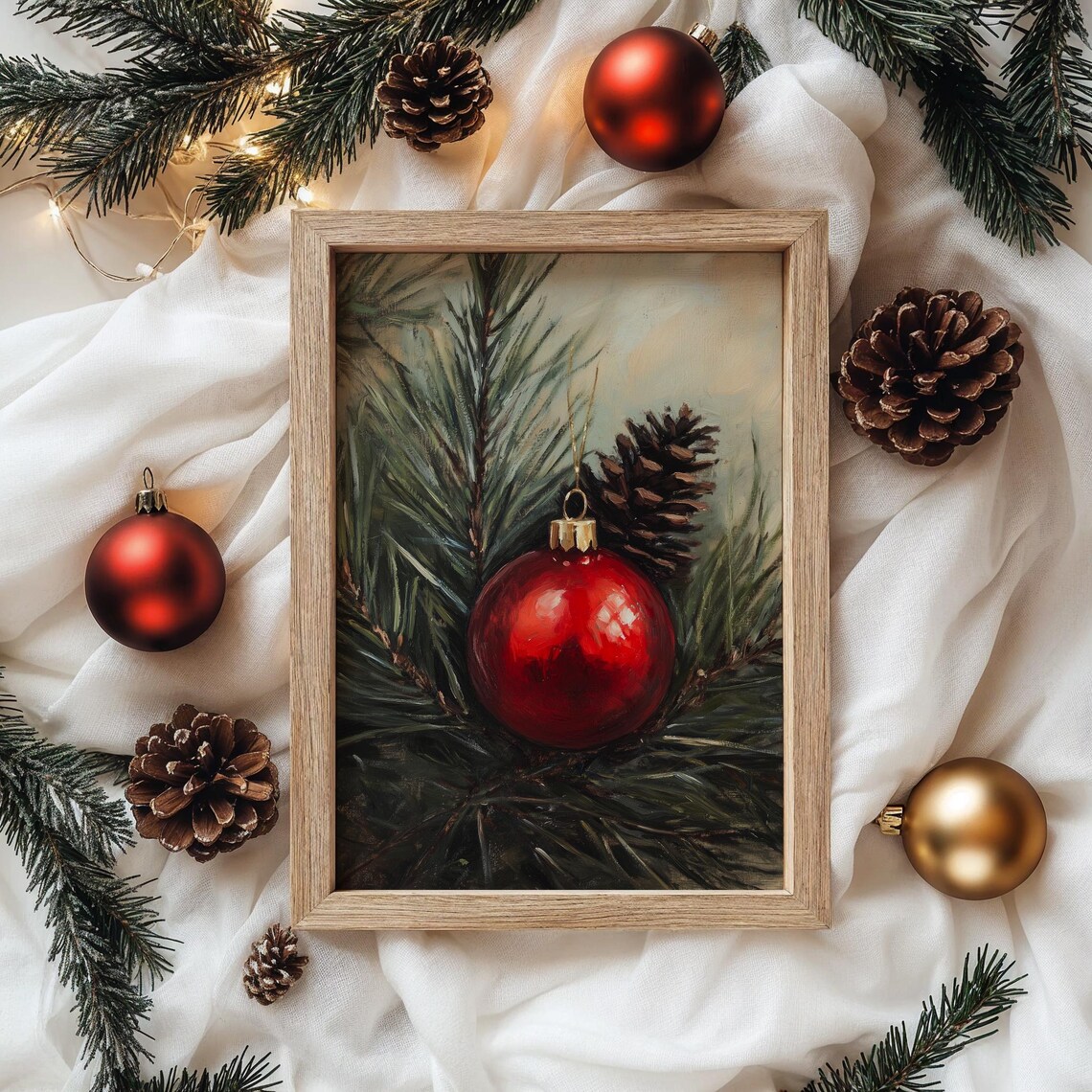 Red Christmas Ornament on Pine Branch Rustic Oil Painting Print - Image 4
