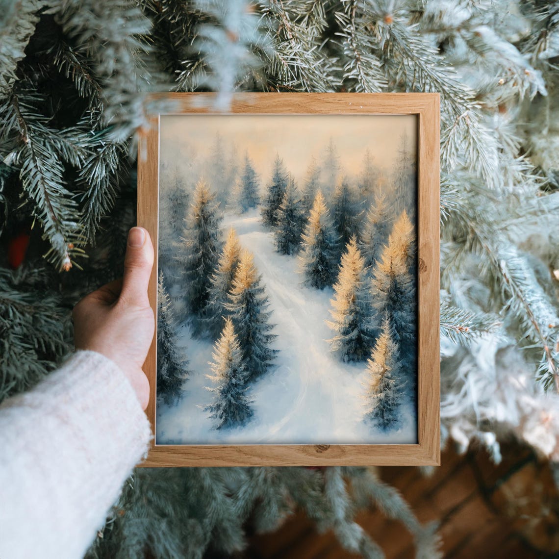 Sunlit Snowy Pine Forest Trail in Blue and Gold Winter Poster - Image 6