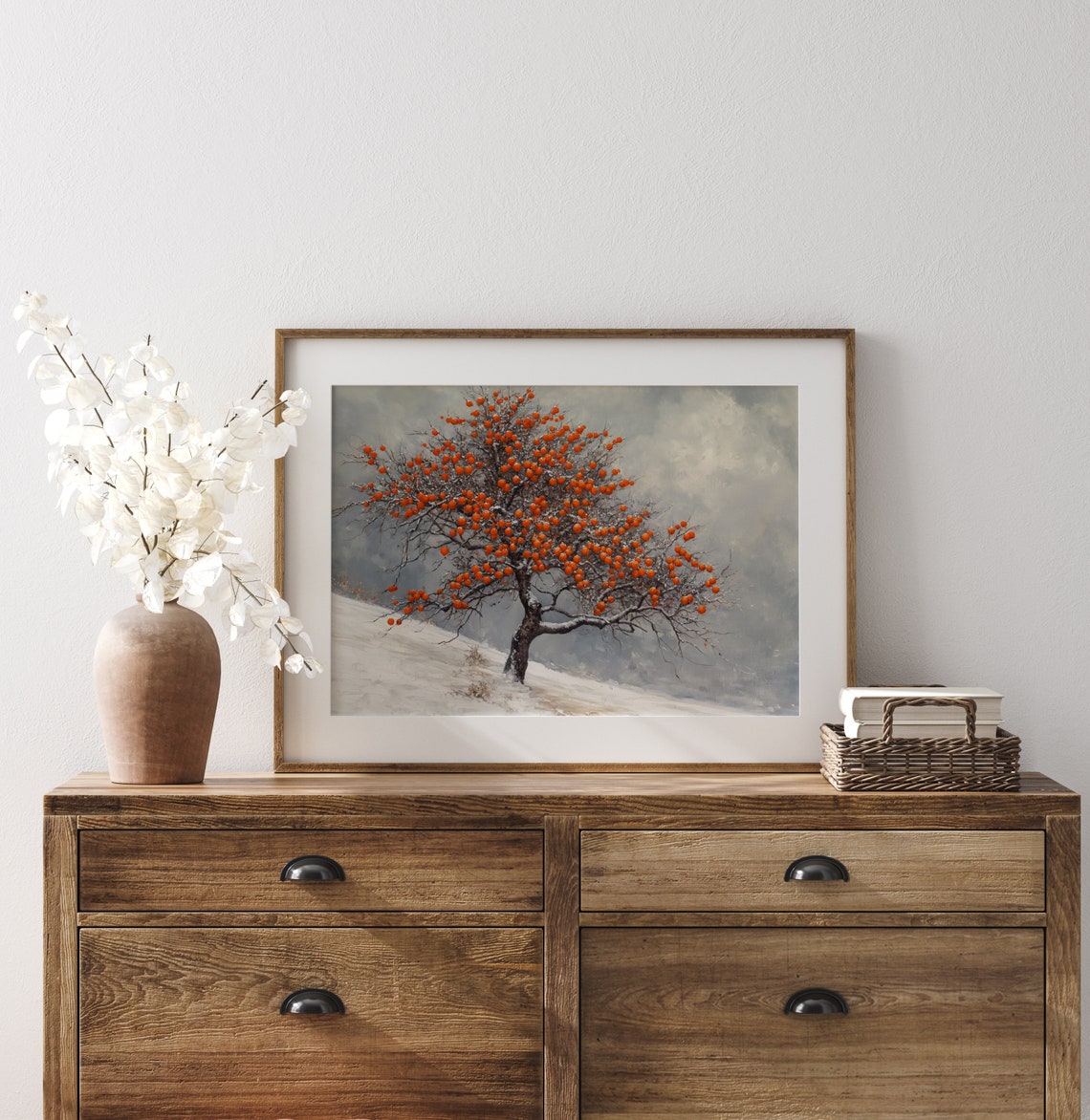 Persimmon Tree Laden With Orange Fruit On Snowy Slope Poster - Image 3