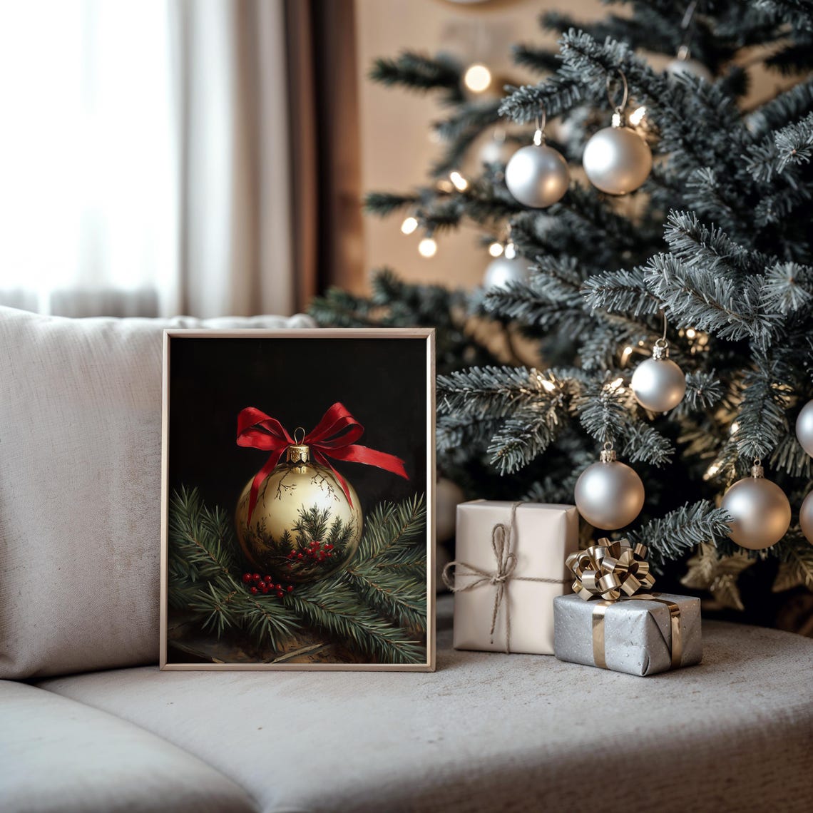Gold Ornament With Red Bow Painted Pine And Berries Holiday Poster - Image 5