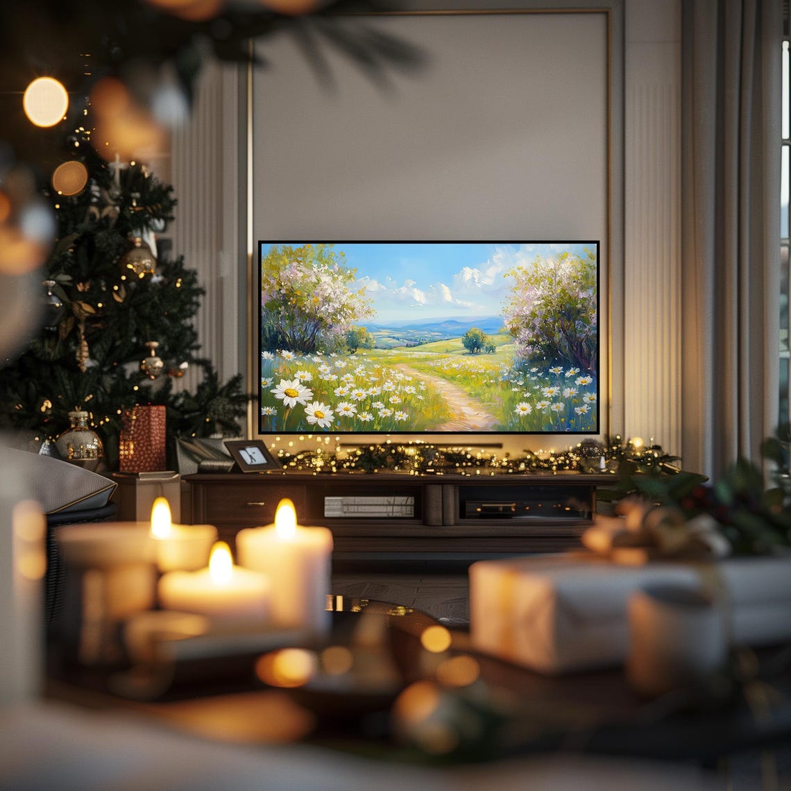 Daisy Meadow Path Lined With Blossom Trees Bright Frame TV Wall Art - Image 3