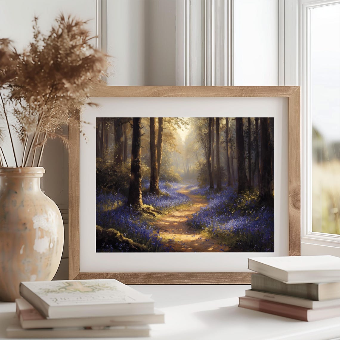 Sunlit Bluebell Wood Path Between Towering Forest Trees Wall Art - Image 2