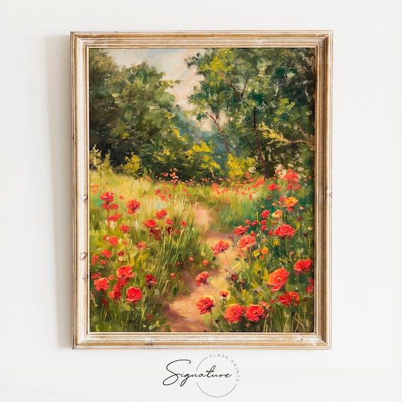 Poppy Field Painting, Rustic Wildflower Landscape