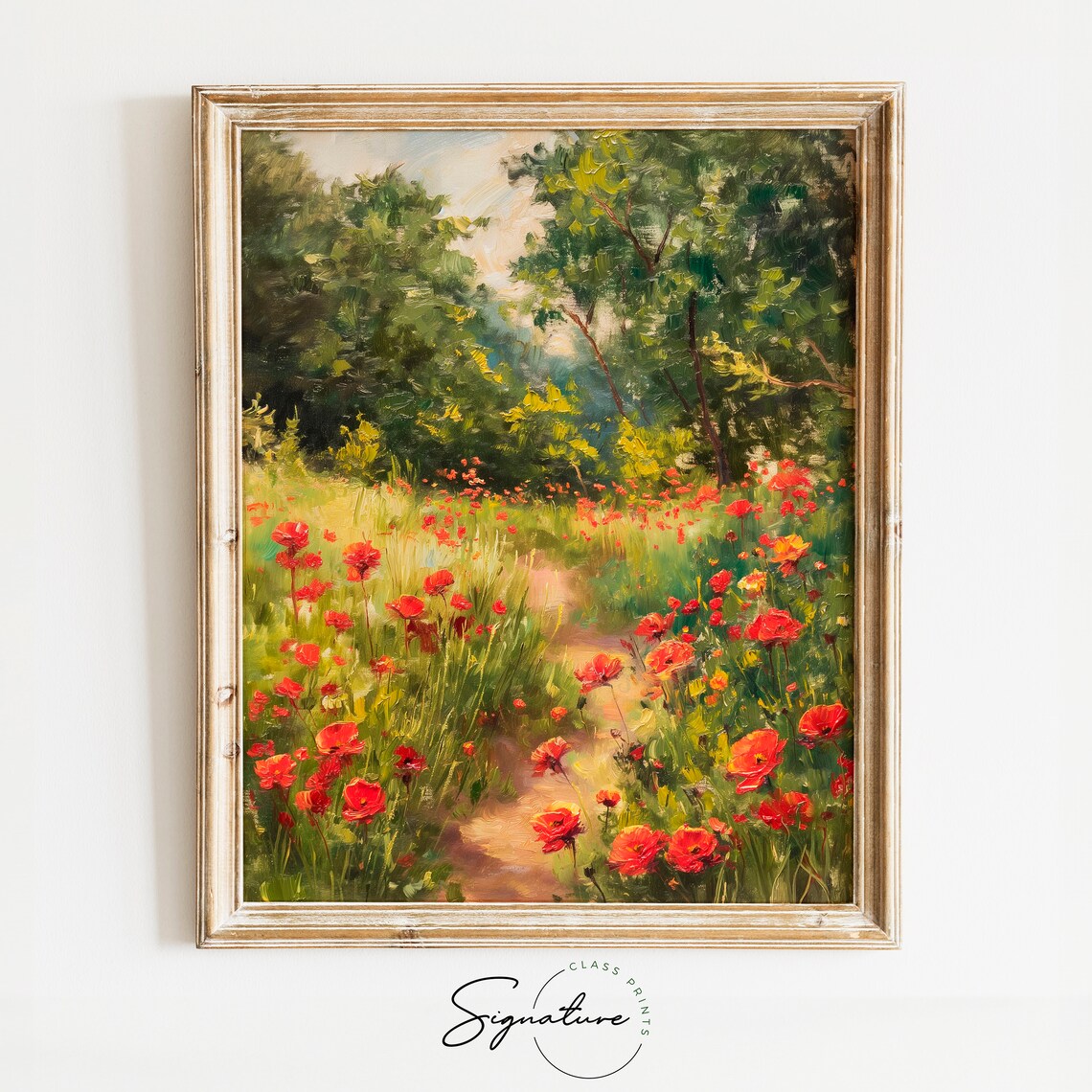 Poppy Field Painting, Rustic Wildflower Landscape