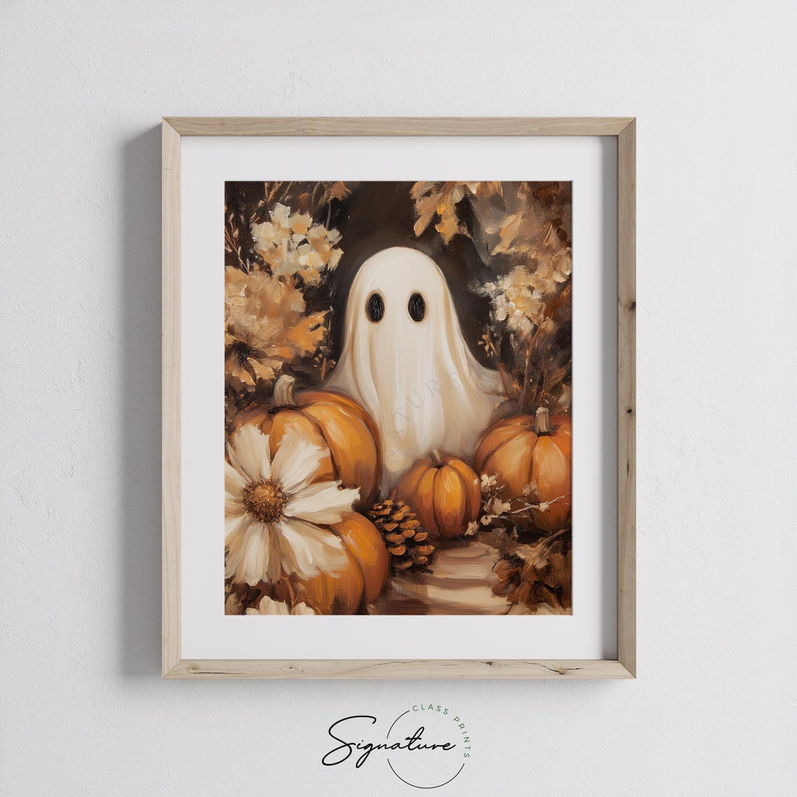 Ghost Smiling Over Pumpkins Daisies and Pinecones Autumn Poster - Image 3