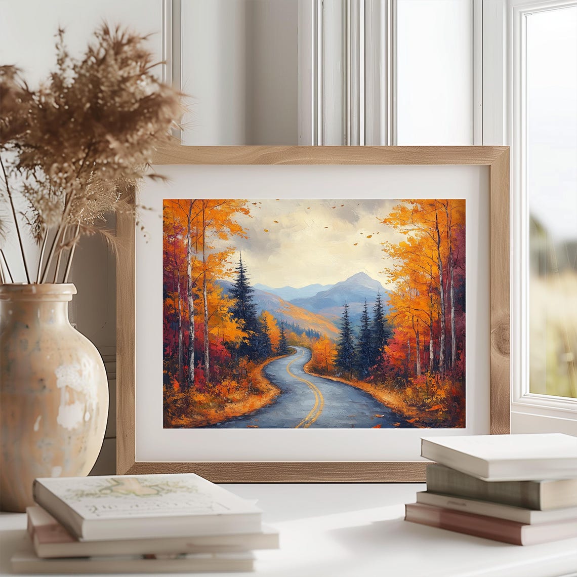 Curving Road Birch Forest Falling Leaves Mountain Oil Painting Poster - Image 2