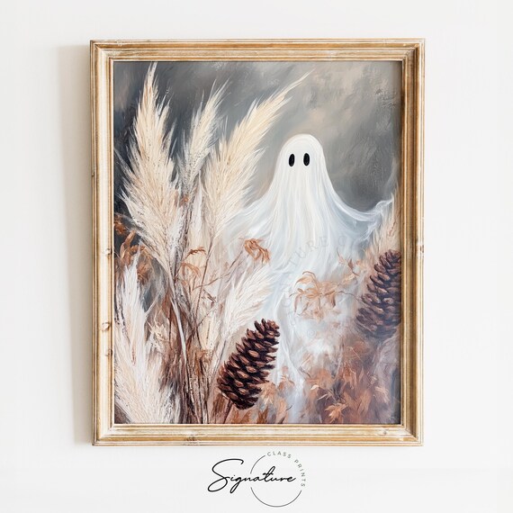 Moody White Ghost Among Pampas Grass and Pinecones Halloween Poster