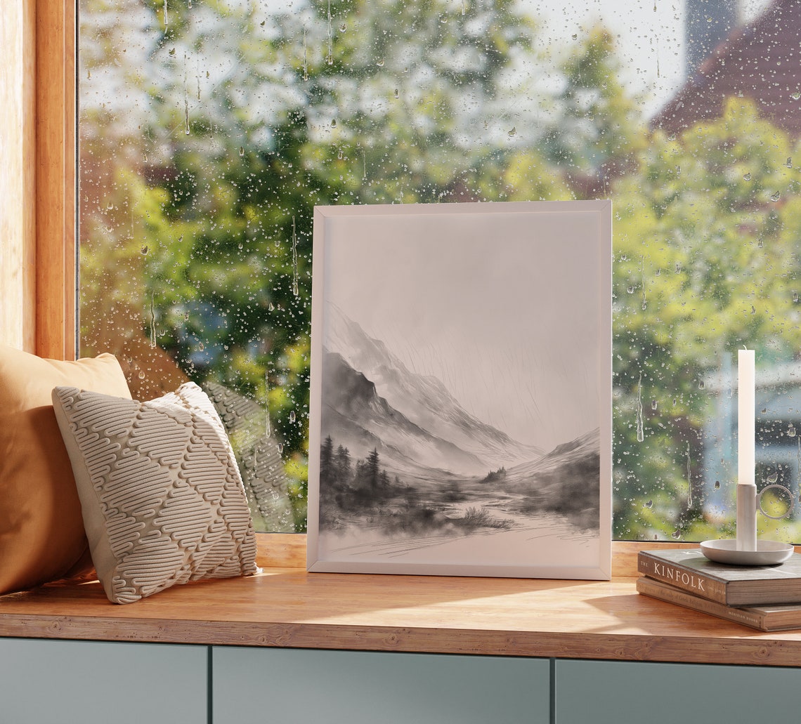 Rain Shower Over High Mountain Pass Ink Wash Storm Art Poster - Image 2