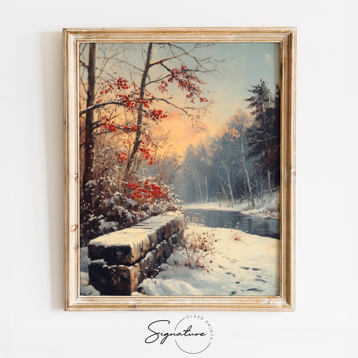 Snow-Covered Stone Bridge Over a Frozen River at Winter Sunrise Poster