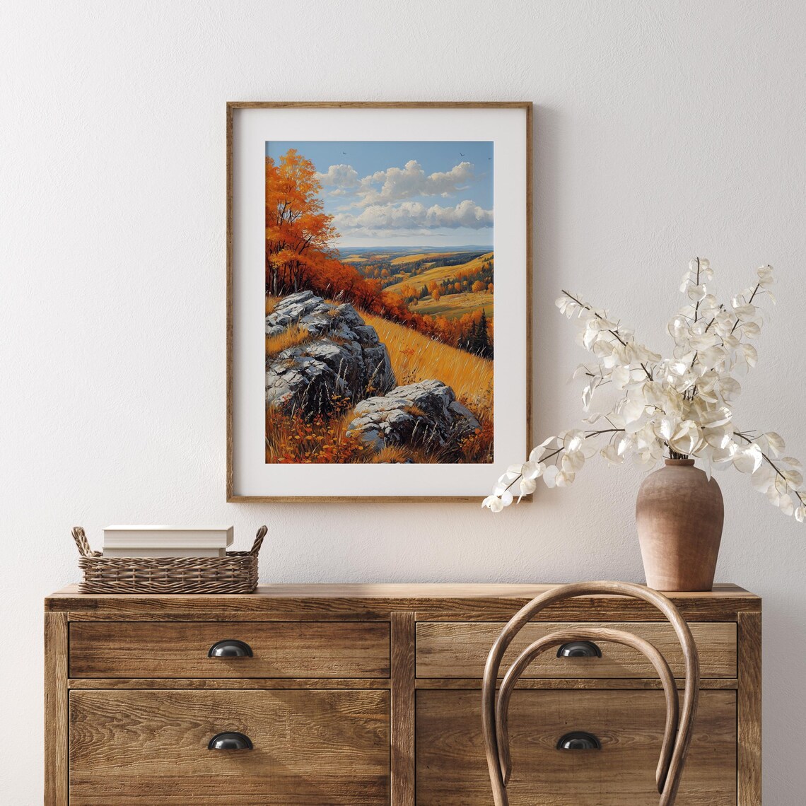 Rocky Hillside With Orange Birches Overlooking Autumn Valley Vista Wall Art - Image 5