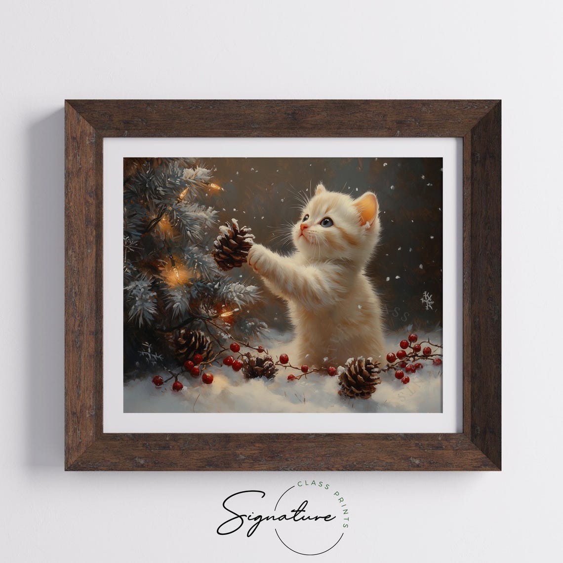 Cream Kitten Playing With A Pinecone Among Berries And Snow Poster - Image 5