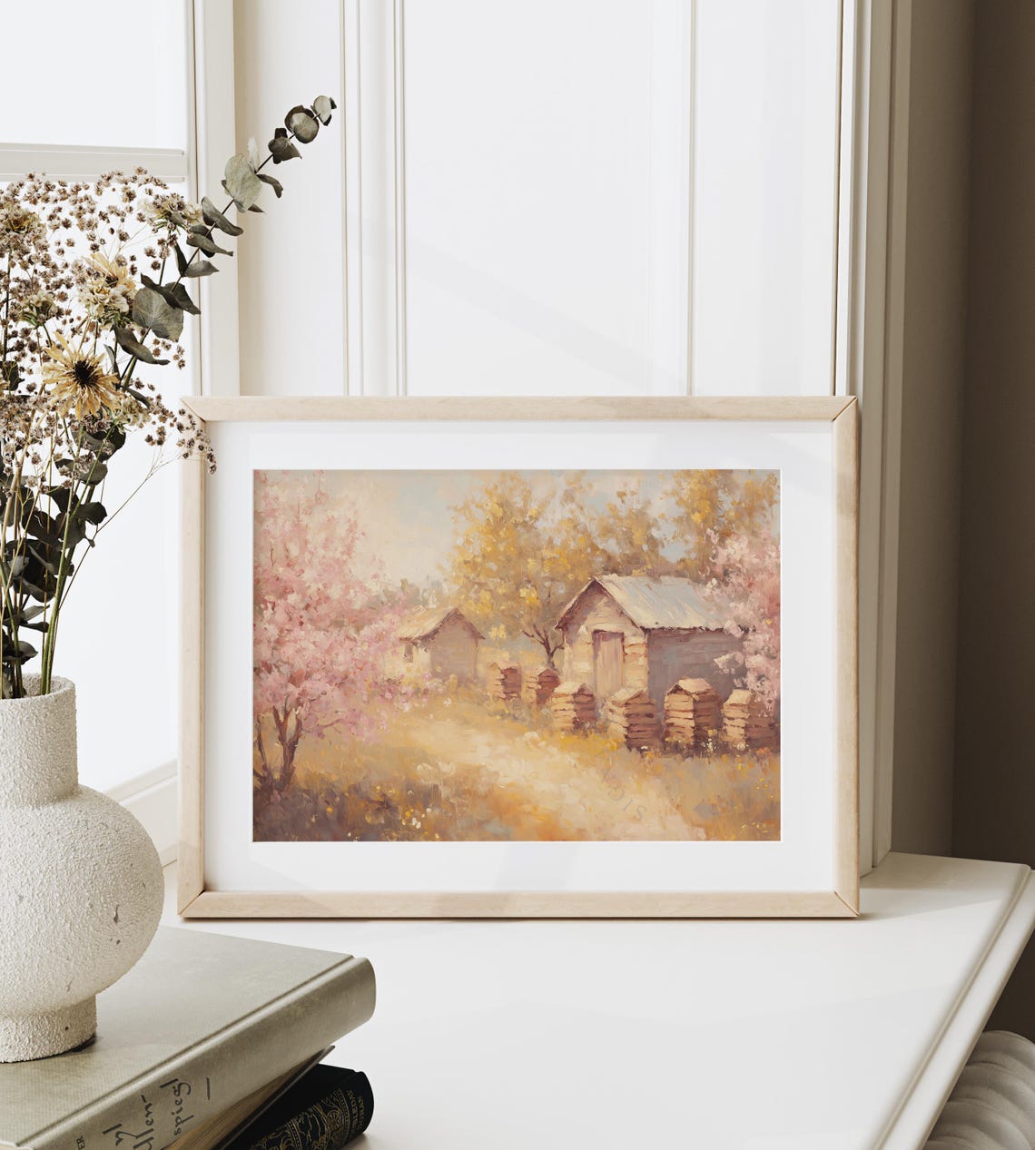 Pink Blossom Orchard With Rustic Beehives Pastel Farmhouse Poster - Image 4