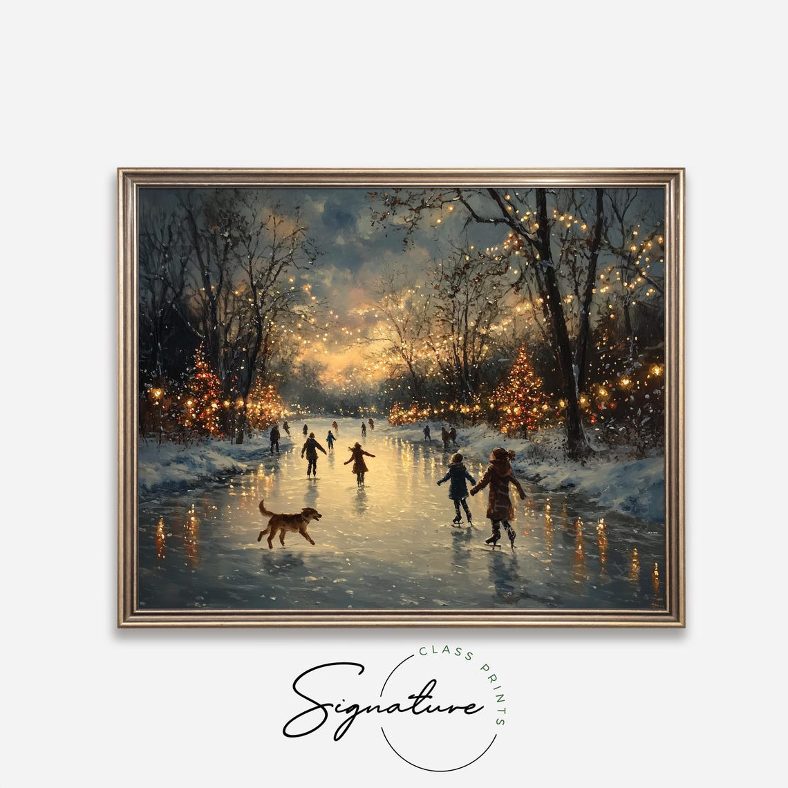 Children And A Dog Skating On A Frozen Lake At Dusk Lights Poster - Image 4