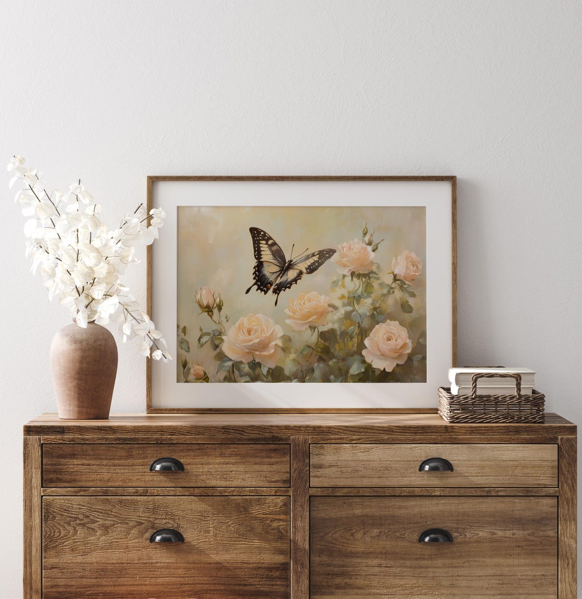 Swallowtail Butterfly Among Peach Roses Soft Vintage Floral Wall Art - Image 2