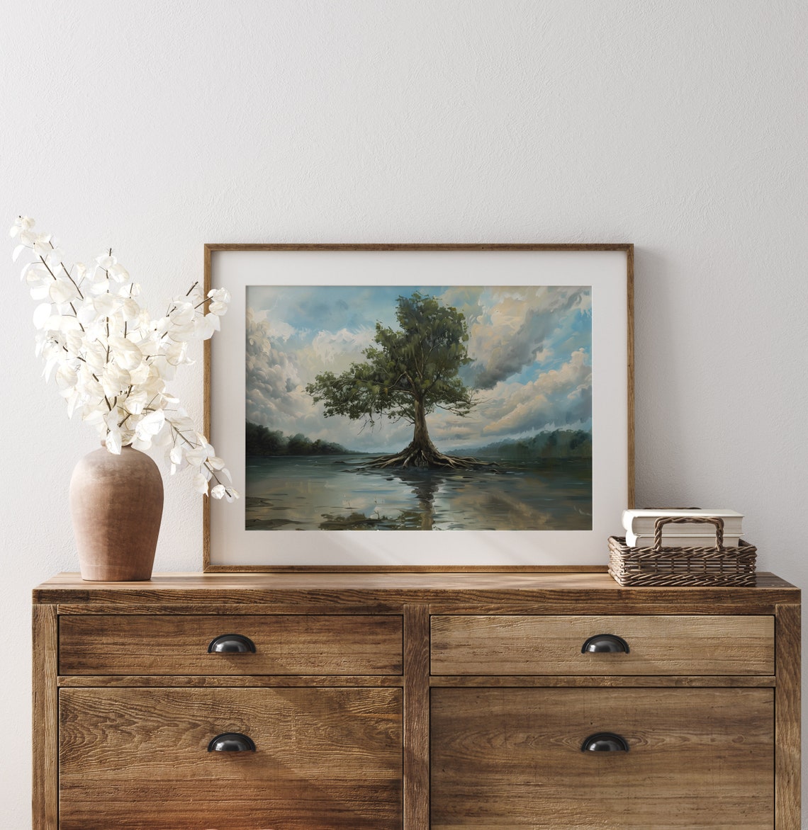 Solitary Sycamore Tree River Reflection Dramatic Clouds Poster - Image 3