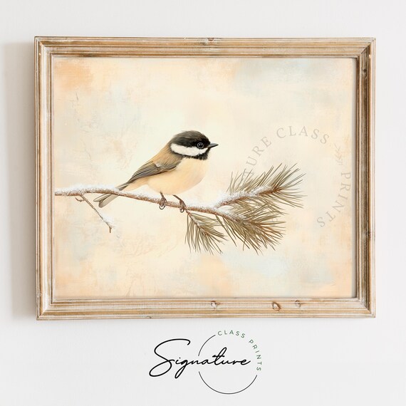 Chickadee On Snowy Pine Branch Minimal Winter Bird Art Poster