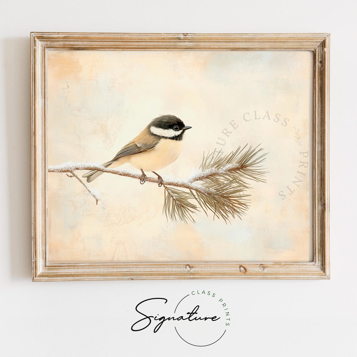 Chickadee On Snowy Pine Branch Minimal Winter Bird Art Poster