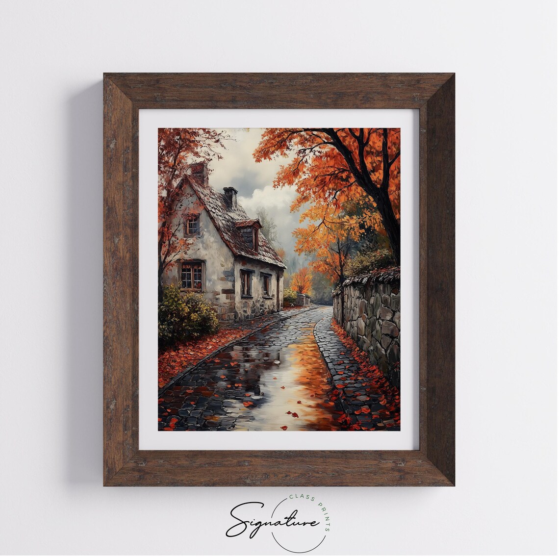 Autumn Cobblestone Street Rainy Day Village Art - Image 4