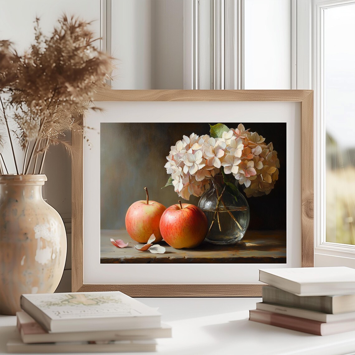 Rustic Still Life With Apples, Hydrangeas Art Print - Image 2