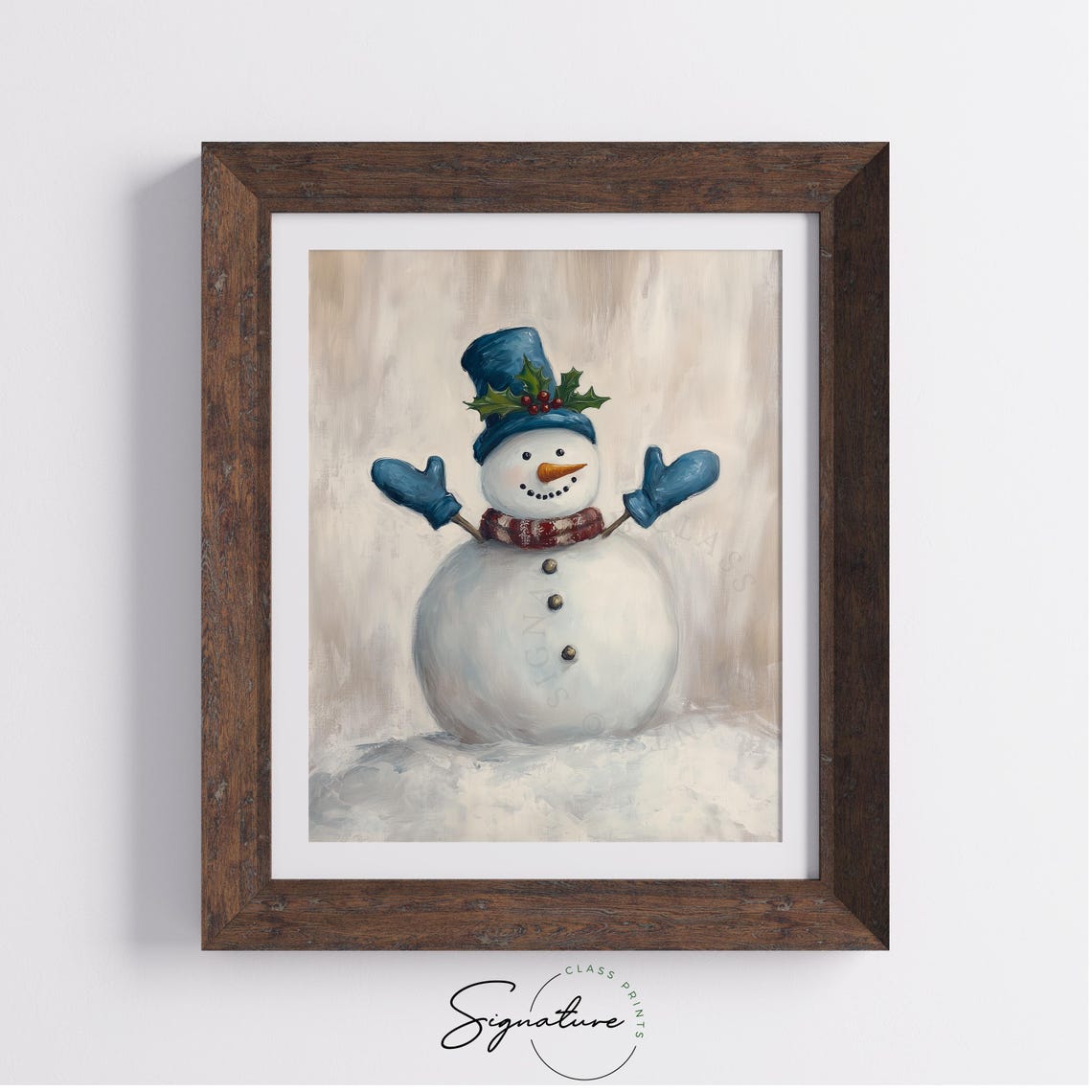 Cheerful Snowman in Blue Hat with Holly Christmas Painting Poster - Image 3
