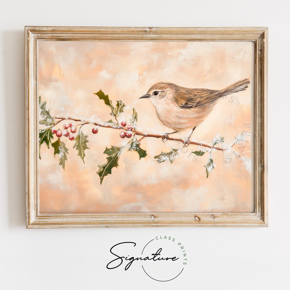 Warbler on Frosty Holly Branch Red Berries Winter Bird Poster