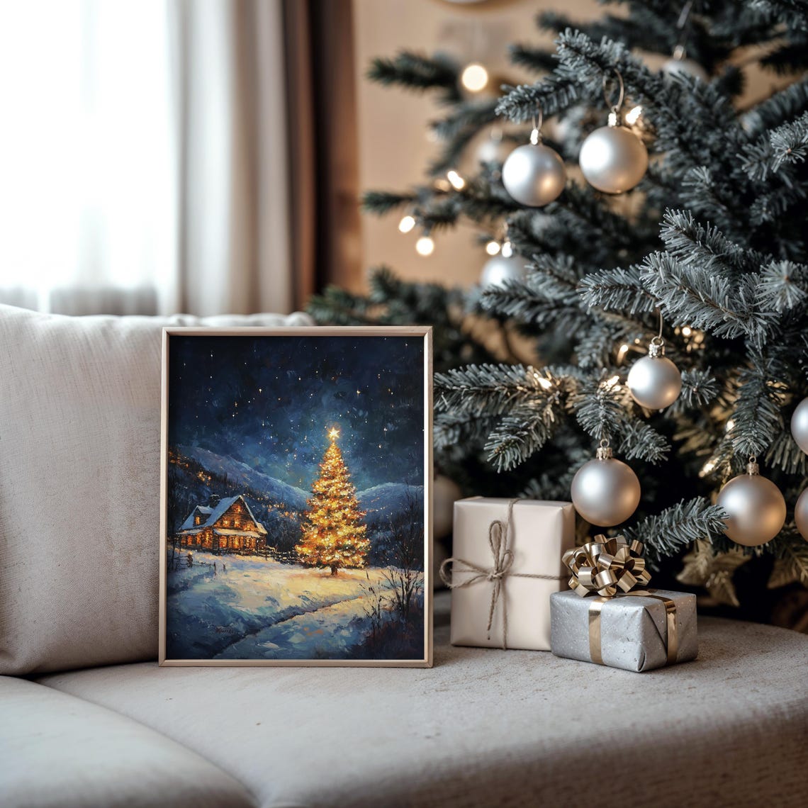 Snowy Christmas Night Lit Tree Log Cabin Starry Sky Winter Art Poster - Image 6