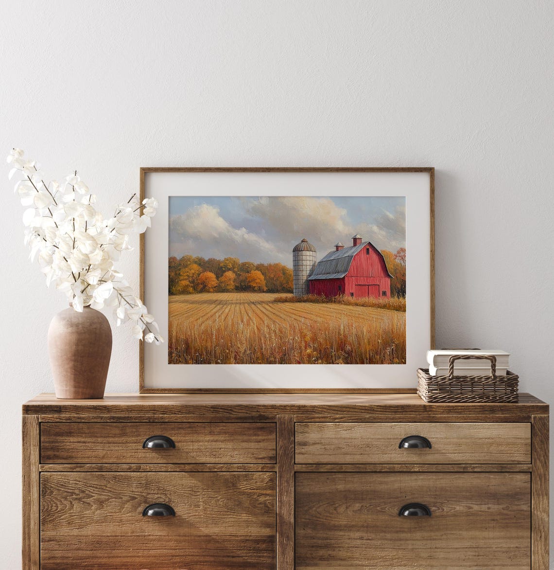 Classic Red Barn Silo Golden Wheat Field Autumn Fall Trees Print - Image 3