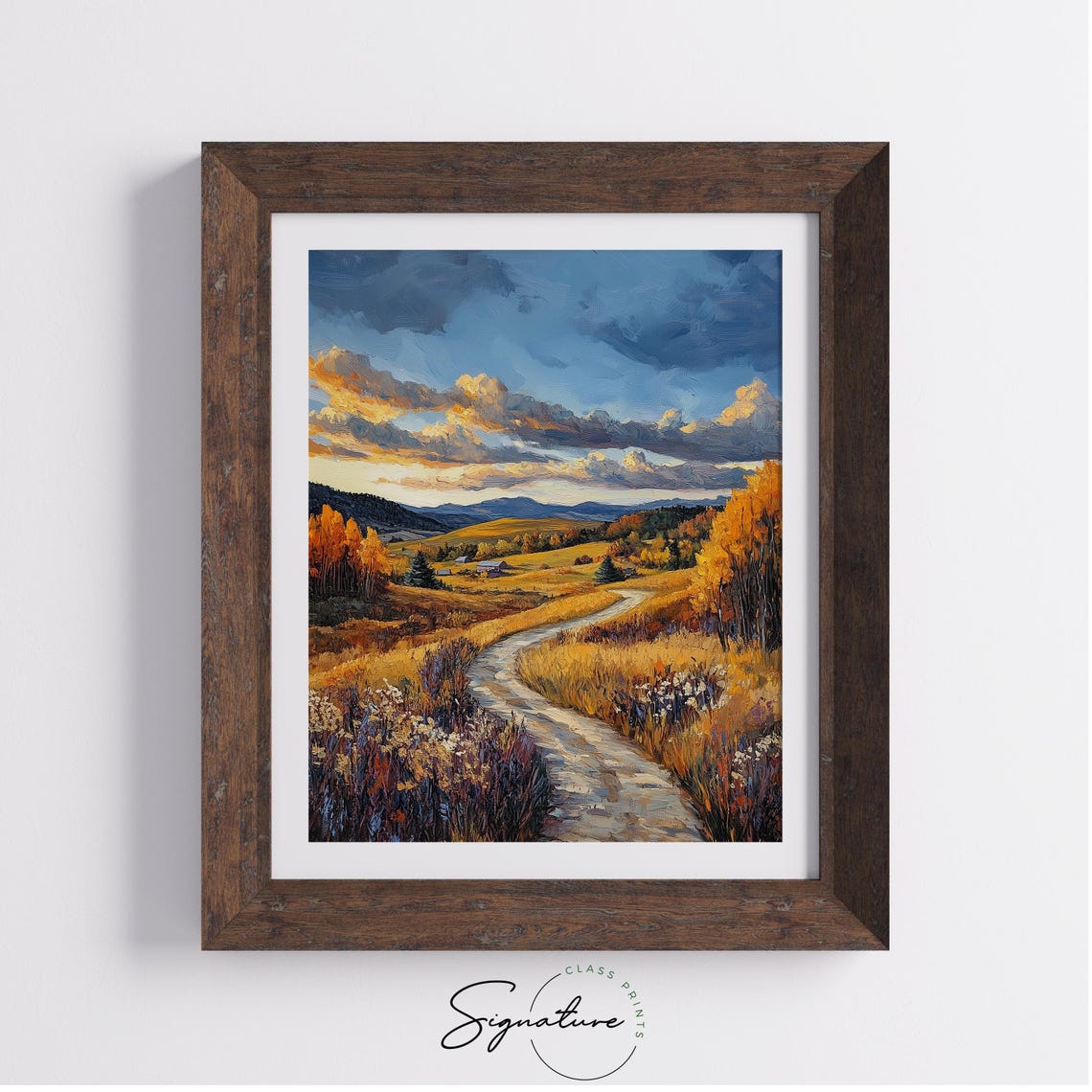 Winding Autumn Path Through Golden Hills Toward Blue Mountains Poster - Image 4