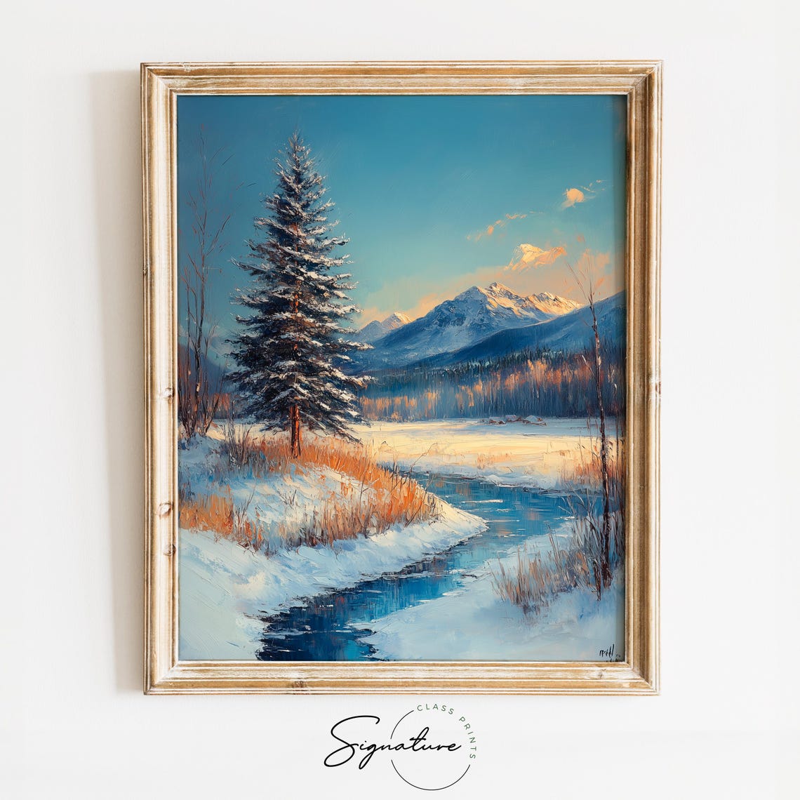 Snowy Mountain Stream with Lone Pine under Golden Sunset Poster