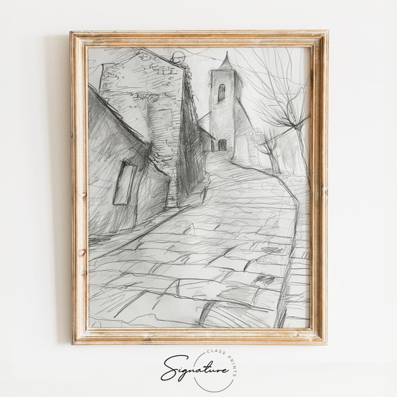 Cobblestone Path To Ancient Abbey Sketch Rustic Architectural Drawing Vintage Monastery Illustration Art Print Wall Decor 744