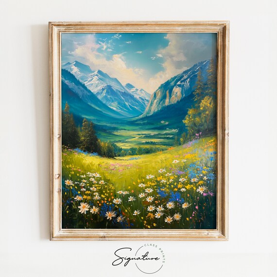 Alpine Meadow Of Daisies Beneath Snowy Peaks Spring Art Poster
