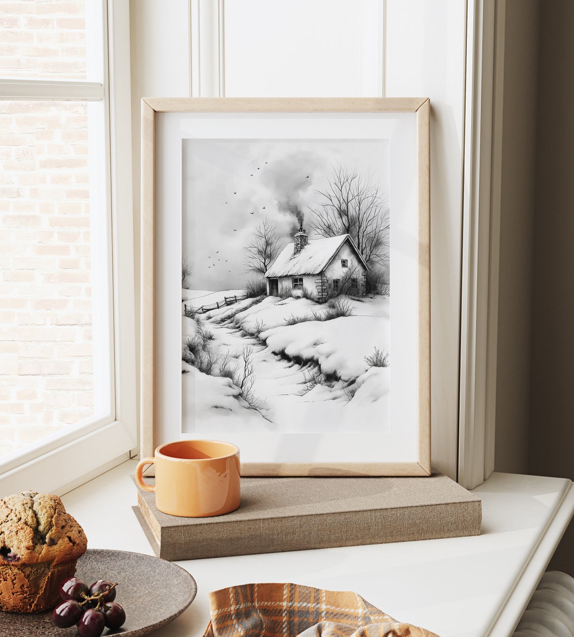 Isolated Stone Cottage In Snowy Landscape Winter Sketch Poster - Image 6