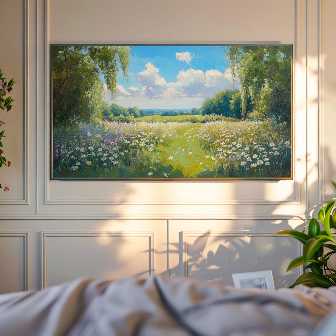 Daisy Meadow Framed By Willow Trees Under Blue Sky Frame TV Wall Art - Image 6