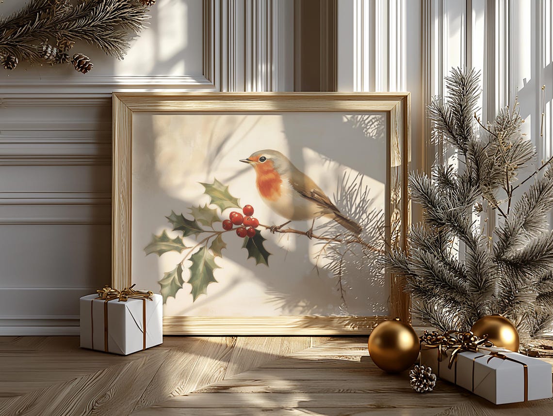 Classic Vintage Robin With Holly And Red Berries Winter Bird Print - Image 6