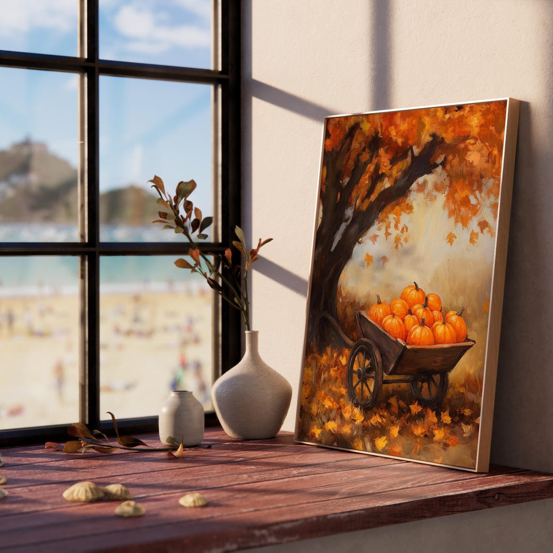 Pumpkin Cart Under a Blazing Autumn Maple Tree Oil Style Poster - Image 5