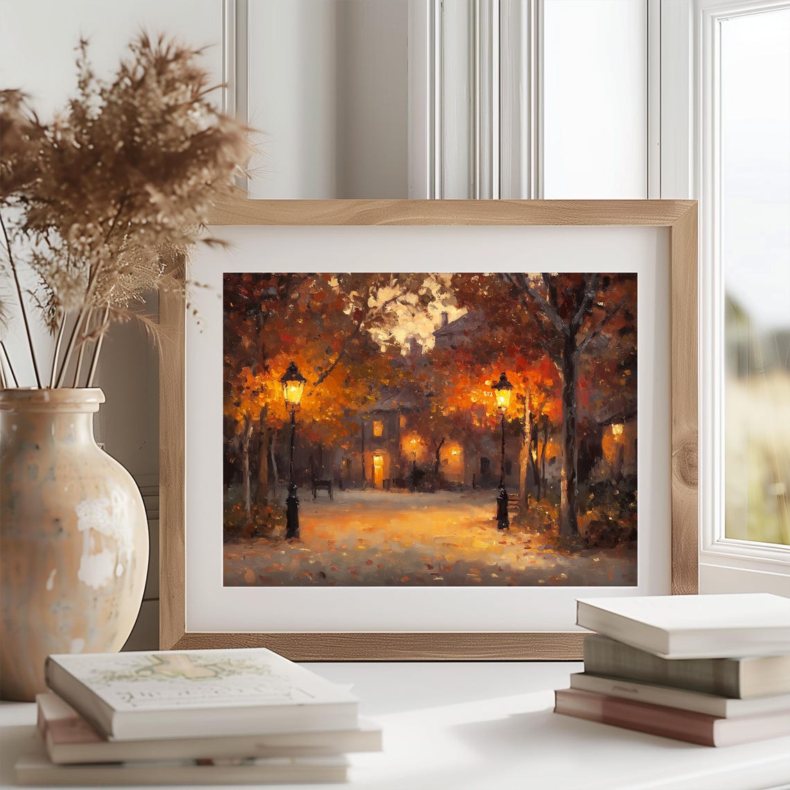 Cozy Autumn Town Square Dusk Lamp Lit Streets Moody Fall Art Poster - Image 2