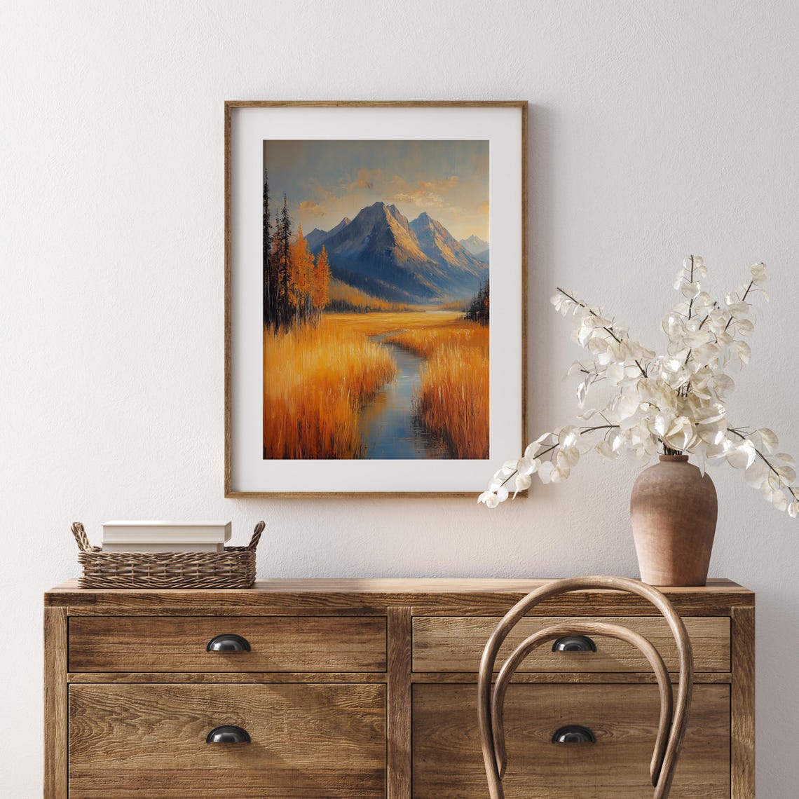 Golden Meadow Stream Leading To Blue Autumn Mountains Scenic Poster - Image 5