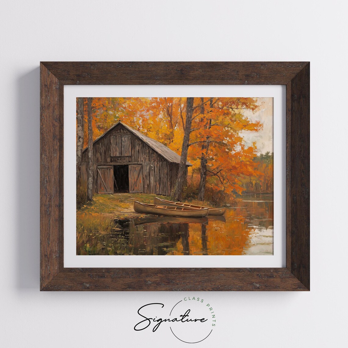 Weathered Barn Beside a Lake With Two Canoes in Peak Fall Colors Poster - Image 5