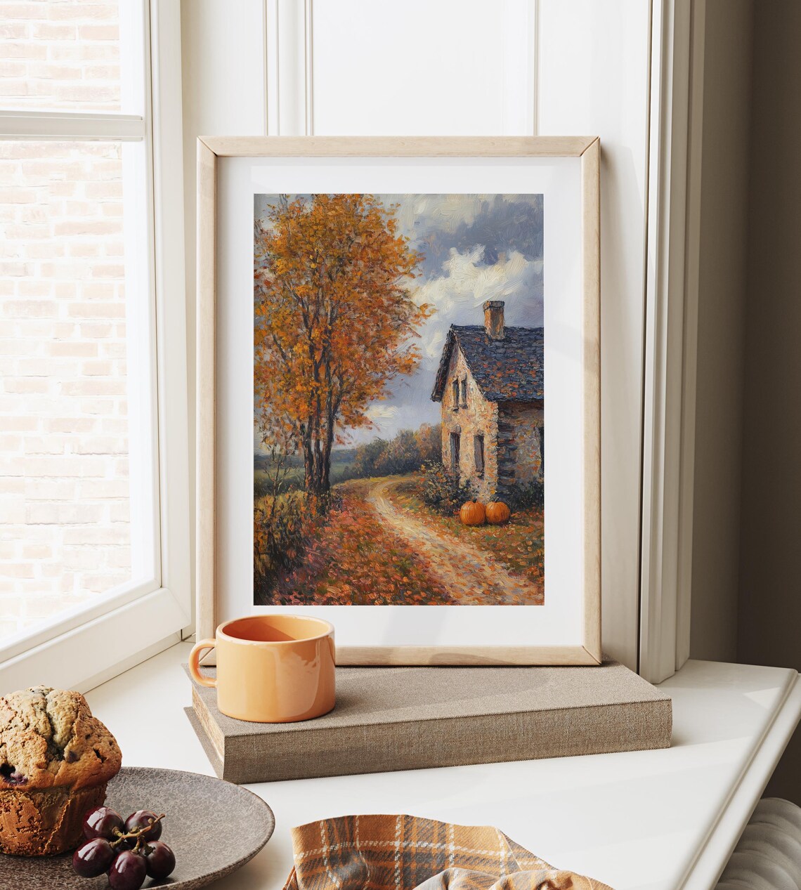 Old Stone Cottage With Two Pumpkins Beside a Leaf Covered Fall Lane Poster - Image 6